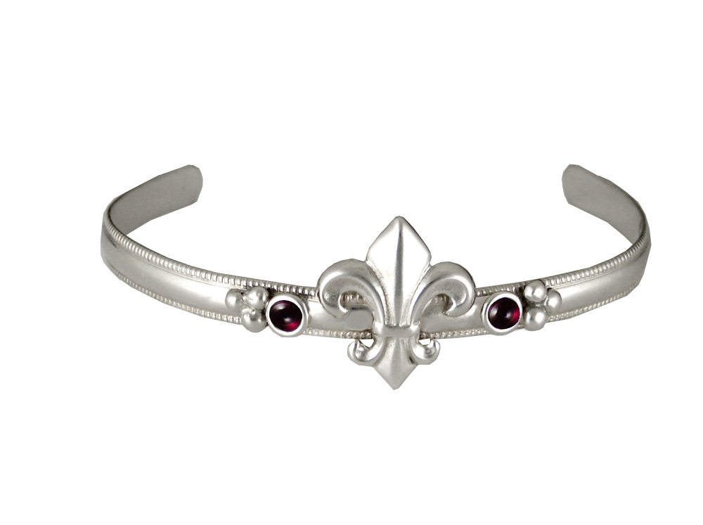 Sterling Silver Fleur de Lis Cuff Bracelet With Garnet